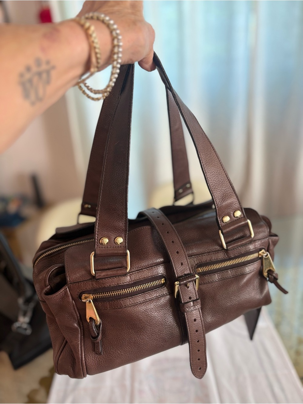 MULBERRY Designer Large Mabel Brown Pebbled Leather Shoulder Bag! Gold hardware!